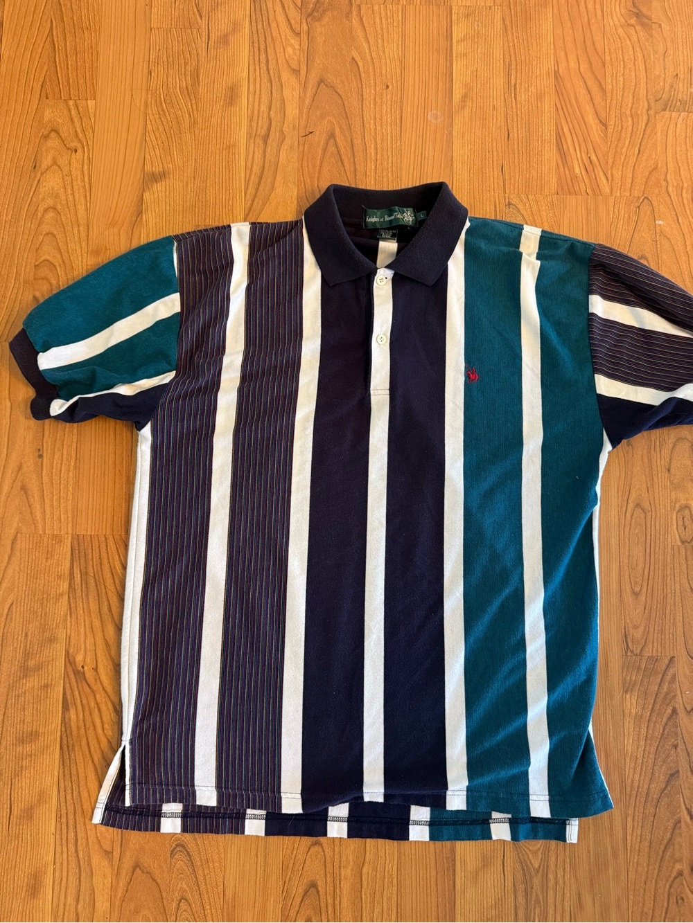 VTG 90s Y2K Striped Polo Shirt in Teal, Navy & White by Knights of Round Table